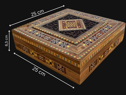 Große Damaszener-Mosaik-Box – Handgefertigte quadratische Schmucktruhe mit feiner Holzeinlage und Samtinnenseite