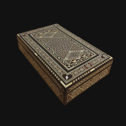 Vintage 1970 Damaszener Mosaik Schmuckschatulle, handgemachtes Andenken aus Holz, Perlmutt-Inlay, syrischer Kunsthandwerksschatz