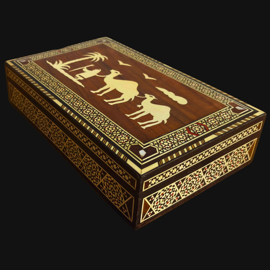 Seltene Vintage 1970 Kamelmosaikbox – Handgefertigte orientalische Damaszenerkunst mit Perleneinlage