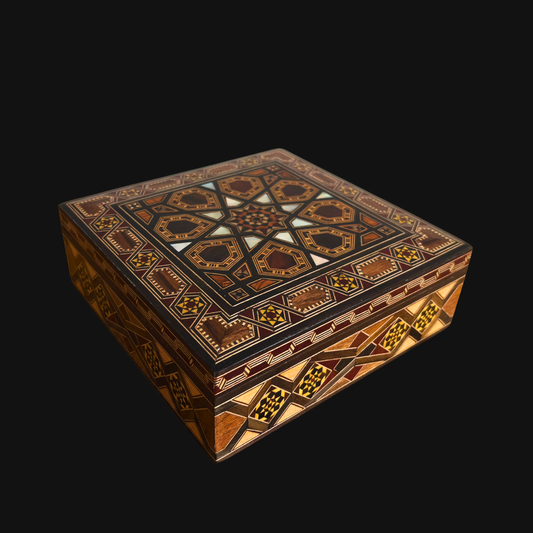 Handcrafted Damascene Mosaic Box by Master Gaby Al Dayeh – Mother of Pearl & Velvet Elegance